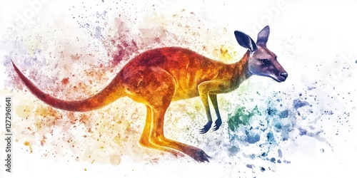 Colorful watercolor illustration of a kangaroo in motion with vibrant splashes photo