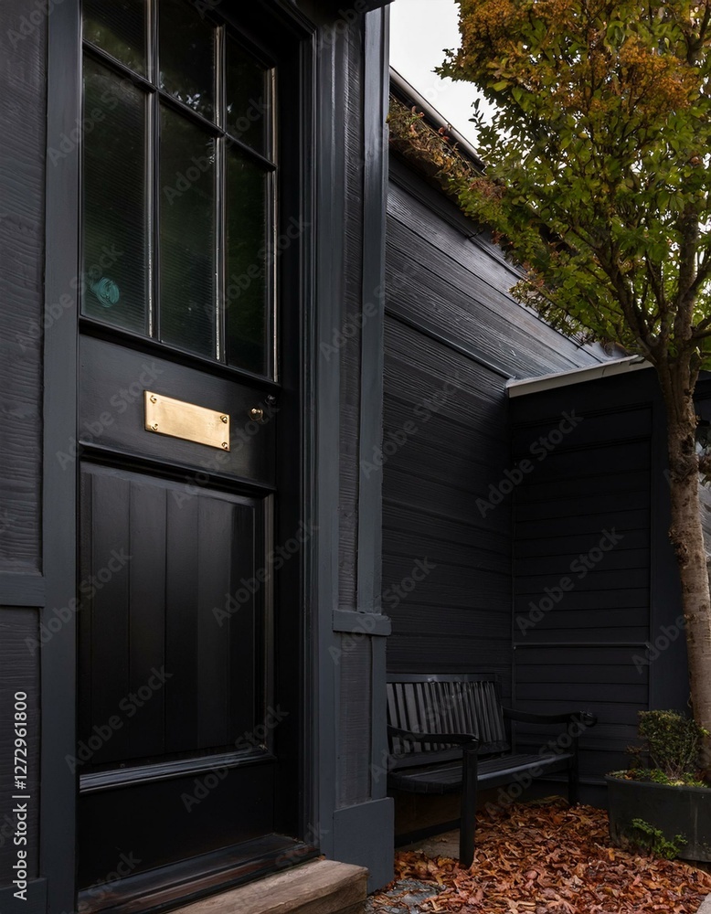 Fototapeta premium Black front door of black house, tree and bench
