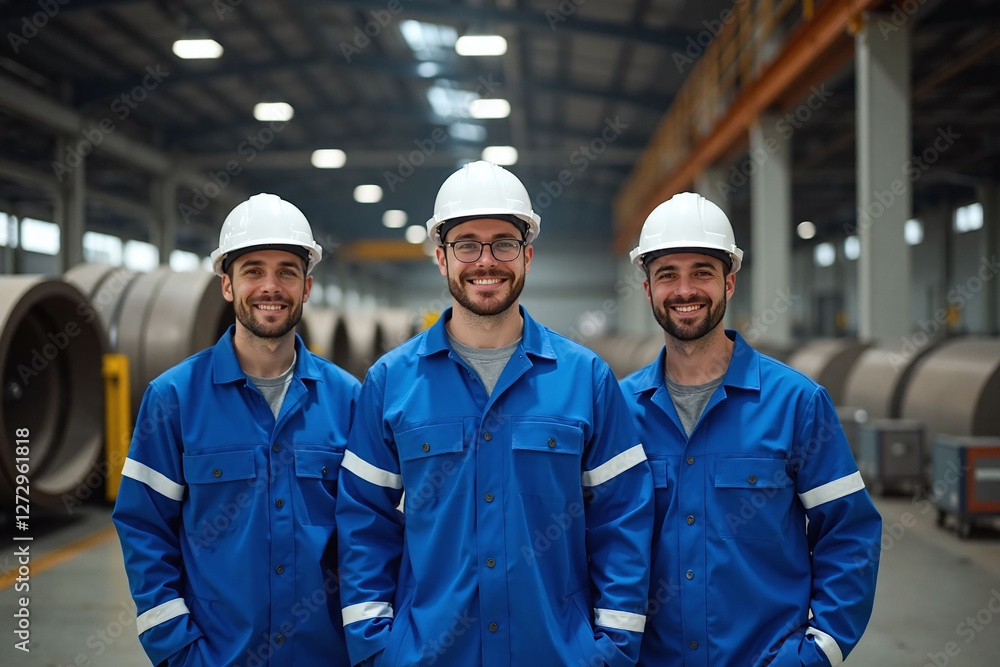 three male workers in industrial facility blue coveralls three male workers in industrial facility blue coveralls