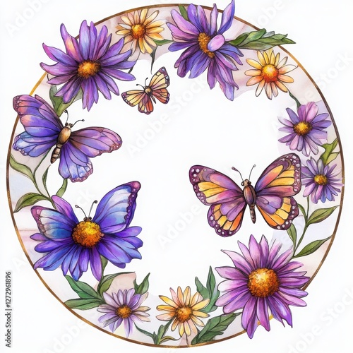 a circular floral wreath with butterflies, symbolizing the beauty and delicate balance of nature. It has soft colors and a sense of serenity