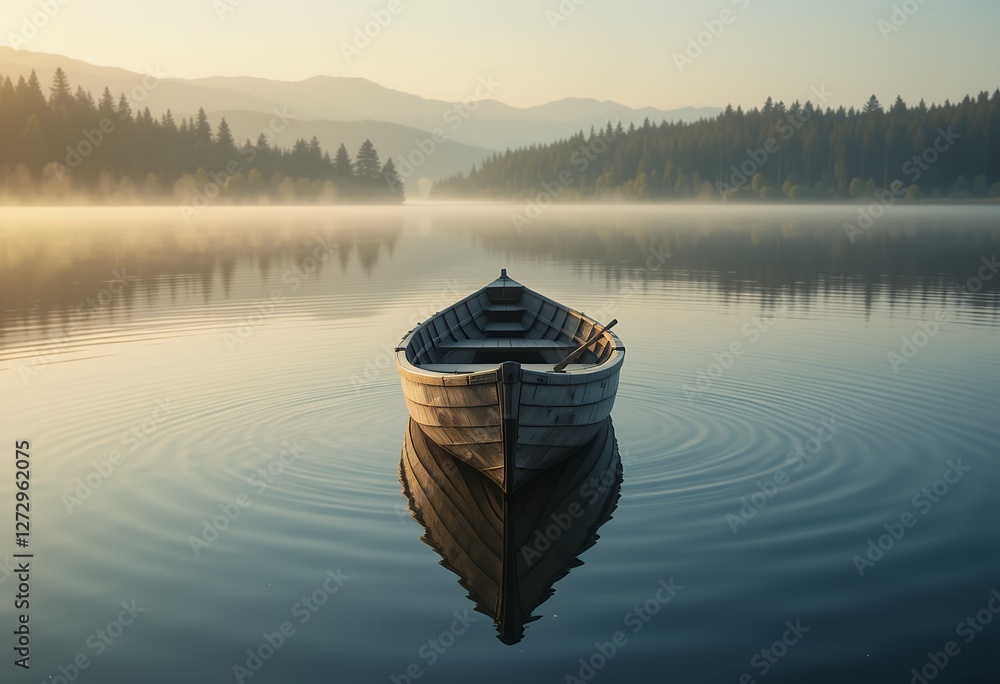 A Serene Lake at Dawn, Wooden Boat Resting on Calm Water Reflecting Forest A Serene Lake at Dawn, Wooden Boat Resting on Calm Water Reflecting Forest