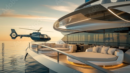 Luxury Yacht with Helicopter Landing Pad and Sunset View photo