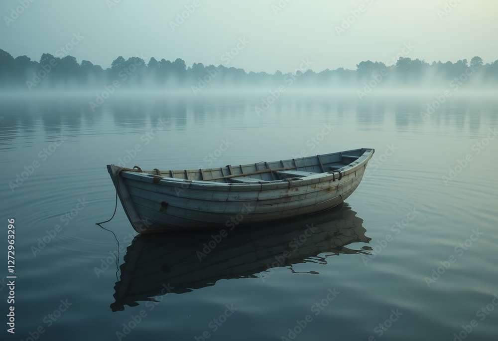 Serene waters, boat resting on the tranquil surface in the misty morning calm Serene waters, boat resting on the tranquil surface in the misty morning calm