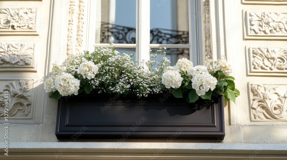 Modern rectangular window box with hydrangeas and baby's breath in a dark brown planter, on the windowsill of an elegant Parisian building with a white plastered facade, Modern rectangular window box with hydrangeas and baby's breath in a dark brown planter, on the windowsill of an elegant Parisian building with a white plastered facade,