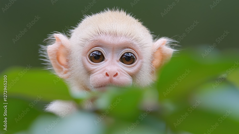 Fototapeta premium Adorable baby monkey peeking, lush green leaves