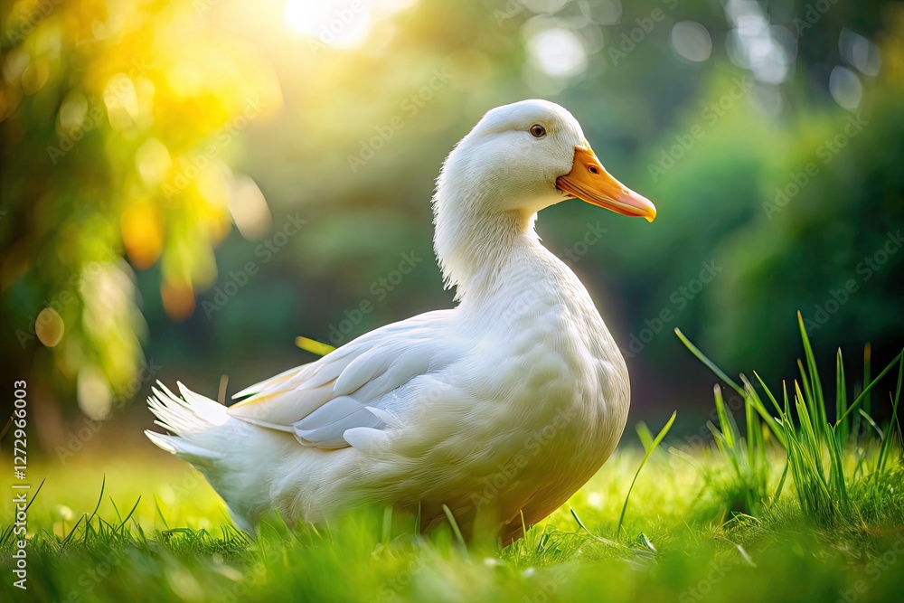 Cute white duckling grazes on vibrant green grass; a perfect spring meadow. Cute white duckling grazes on vibrant green grass; a perfect spring meadow.