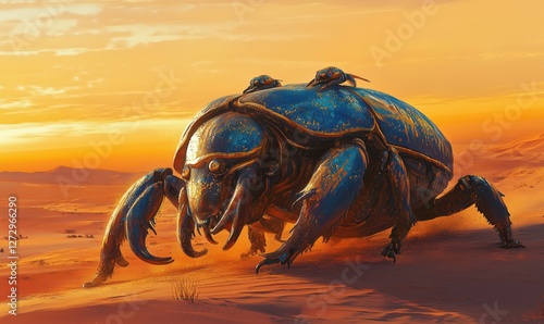 Giant metallic beetle in desert landscape at sunset with two smaller creatures on back photo