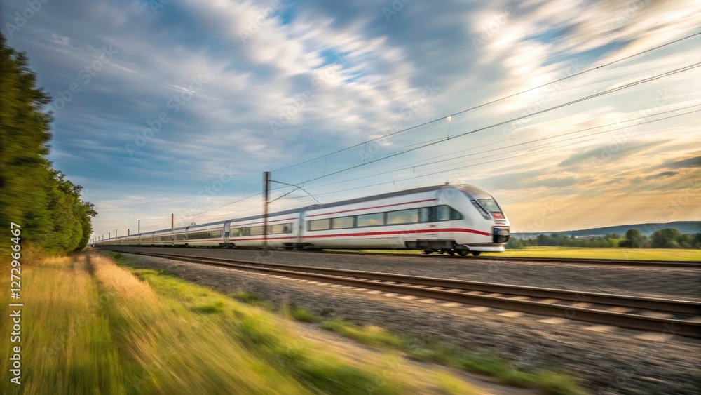 Fototapeta premium High-Speed Rail Blur Motion, Abstract Speed Train Photography, Dynamic Railway Travel Image