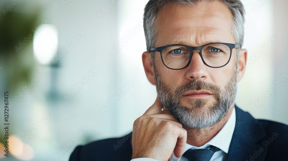 Confident businessman in glasses reflecting deep thought in a modern office environment. Confident businessman in glasses reflecting deep thought in a modern office environment.