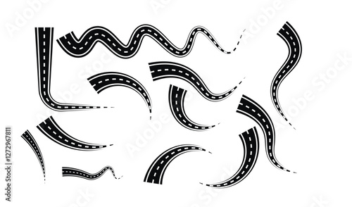 Roads and highways icons. Lots of winding roads. Bending asphalt roads and highways.. Curvy asphalt empty line isolated vector concept
