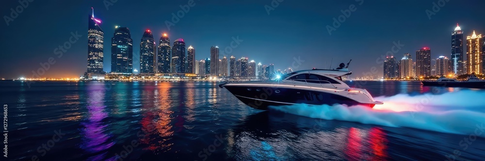 Obraz premium High-speed boats speeding across Dubai Marina at night, nighttime, fast boat