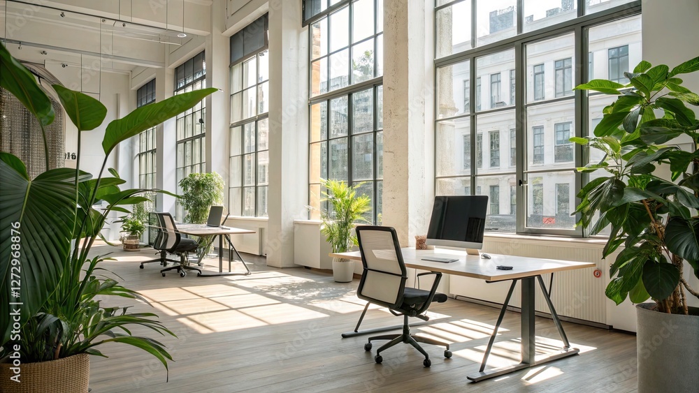 Fototapeta premium Modern Minimalist Office Interior with Bokeh Effect, Spacious Design, Natural Light, Green Plants, Coworking Space, Contemporary Furniture, Elegant Workspace, Copy Space, Tranquil Environment