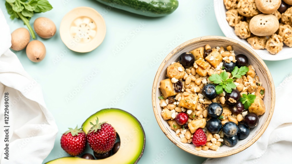 Healthy and Delicious Farro Salad with Berries and Avocado - Top View Healthy and Delicious Farro Salad with Berries and Avocado - Top View
