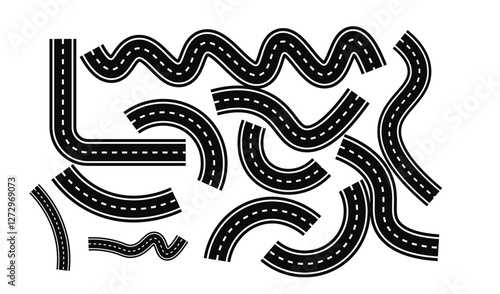 Roads and highways icons. Lots of winding roads. Bending asphalt roads and highways.. Curvy asphalt empty line isolated vector concept
