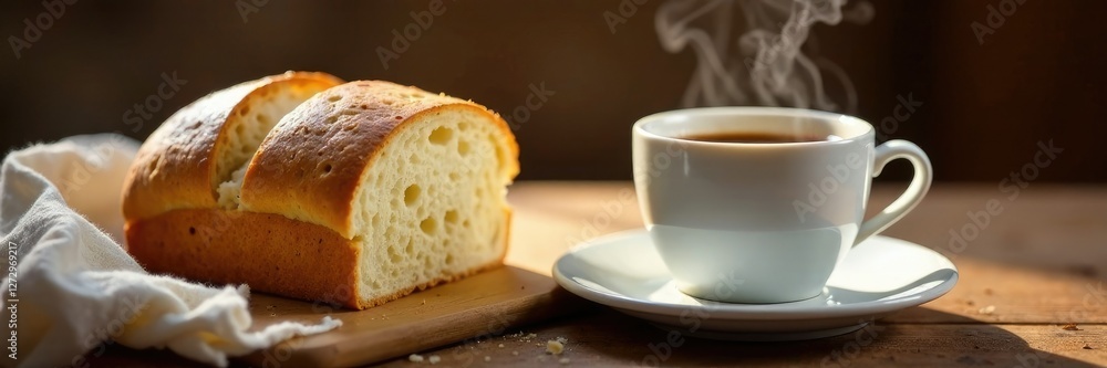 Homemade bread with a side of steaming hot coffee, homemade, warm, morning Homemade bread with a side of steaming hot coffee, homemade, warm, morning