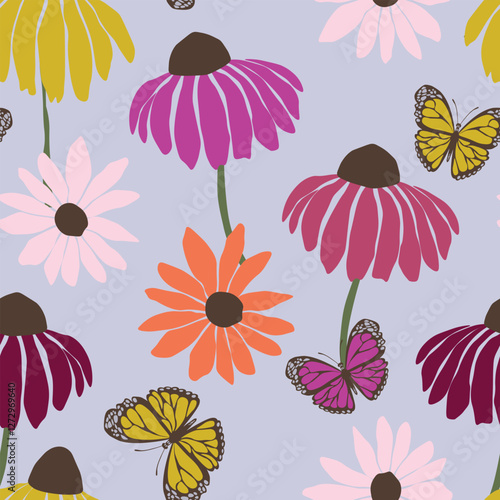 Seamless floral pattern based on traditional folk art ornaments. Colorful flowers on color background. Scandinavian style. Sweden nordic style. Vector illustration. Simple minimalistic pattern.