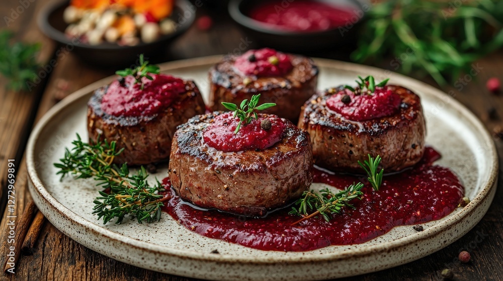 Savory plate of juicy meat drenched in flavorful sauce and topped with fresh herbs Savory plate of juicy meat drenched in flavorful sauce and topped with fresh herbs