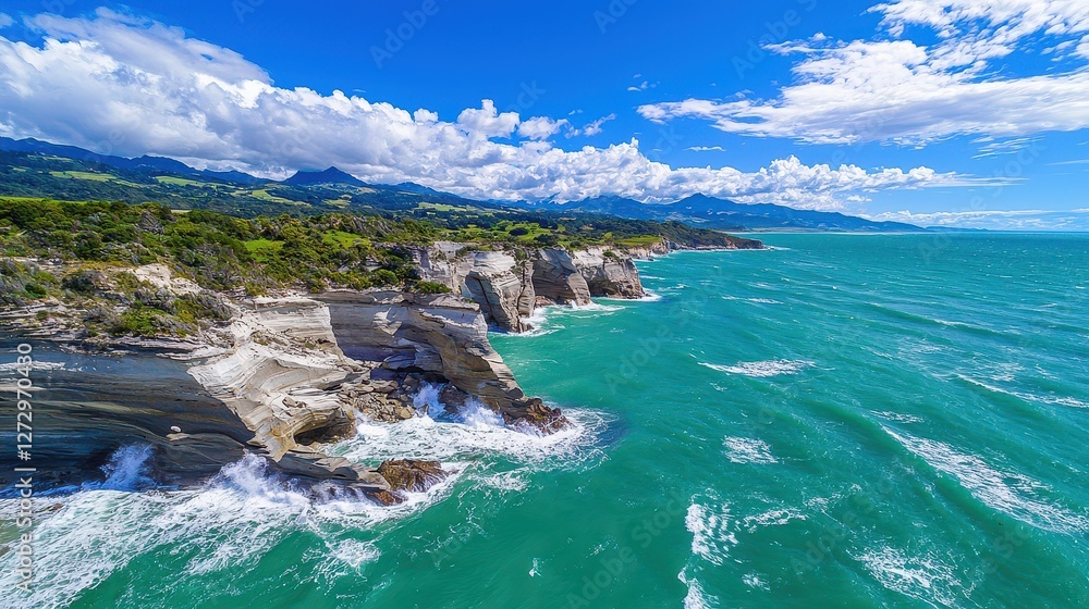 Fototapeta premium Scenic coastal cliffs meet the turquoise ocean under a cloudy sky