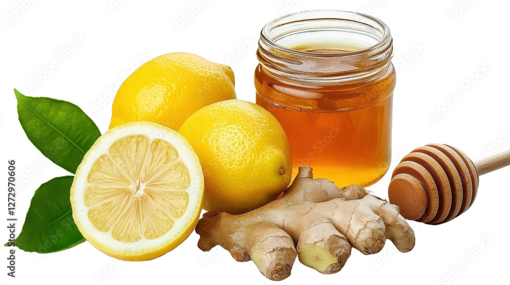 Fresh lemons, ginger root, and honey jar create a natural remedy for wellness and health in a vibrant, appetizing arrangement. Fresh lemons, ginger root, and honey jar create a natural remedy for wellness and health in a vibrant, appetizing arrangement.