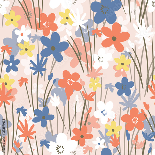 Seamless floral pattern based on traditional folk art ornaments. Colorful flowers on color background. Scandinavian style. Sweden nordic style. Vector illustration. Simple minimalistic pattern.