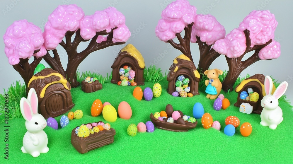 Obraz premium Easter Egg Hunt Scene with Toy Bunnies and Colorful Decorations.