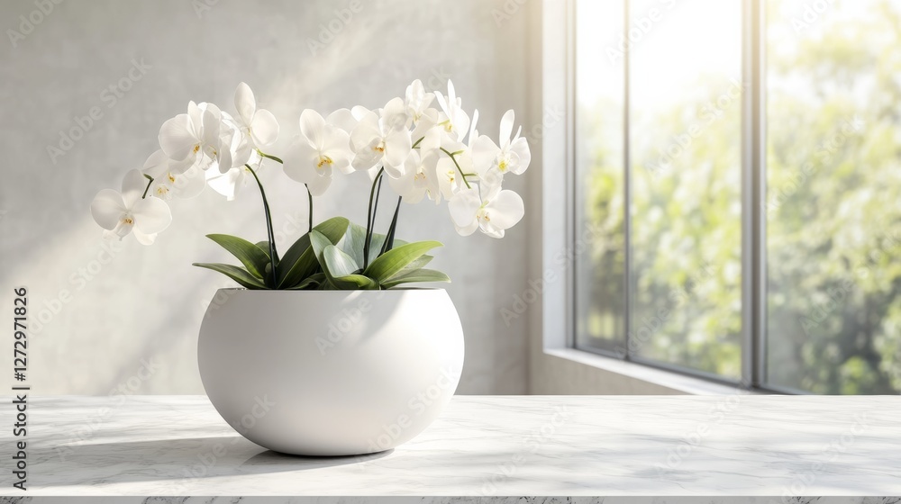 Sleek white long round planter, smooth matte texture, placed on an indoor marble countertop, Sleek white long round planter, smooth matte texture, placed on an indoor marble countertop,