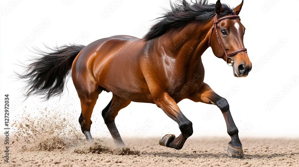 Obraz premium Powerful Bay Horse Mid Trot Displaying Dynamic Posture and Speed on White