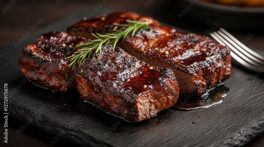 A close-up of grilled meat garnished with herbs on a slate plate, showcasing culinary presentation. A close-up of grilled meat garnished with herbs on a slate plate, showcasing culinary presentation.