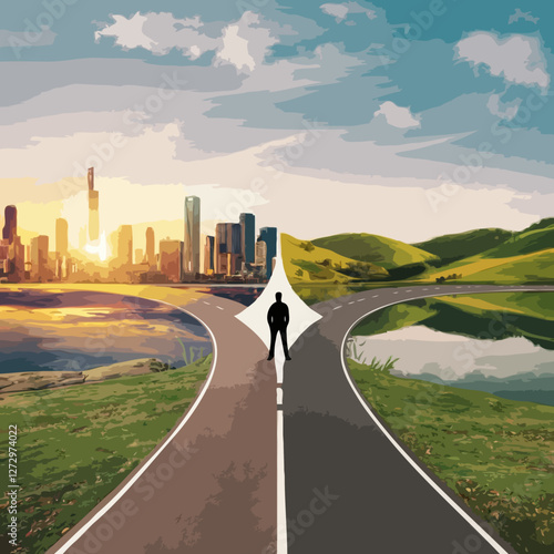 Standing at Crossroads vector life altering decision time for choice concept image illustration
