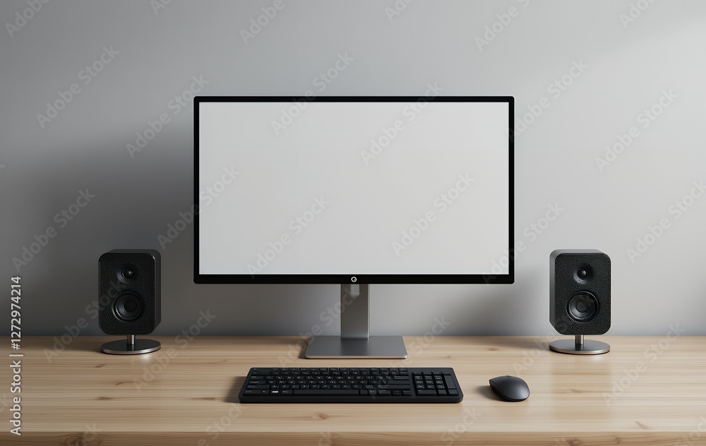 Minimalist workspace setup featuring a monitor, speakers, keyboard, and mouse Minimalist workspace setup featuring a monitor, speakers, keyboard, and mouse