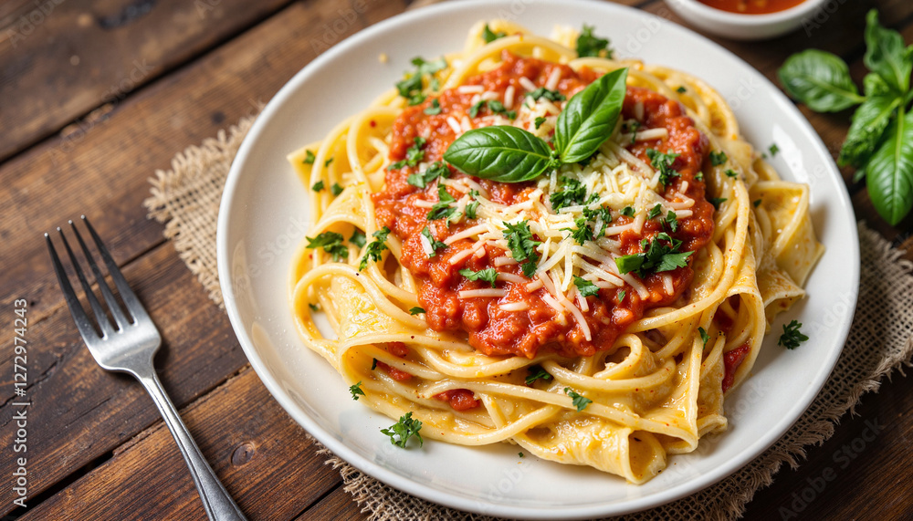 Plate of pasta with marinara sauce and fresh basil Plate of pasta with marinara sauce and fresh basil