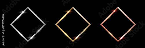 Gold, silver and bronze square frames. Metal thin photo or picture frames isolated on black background. 3d realistic empty template vector illustration set. Simple object mockup.