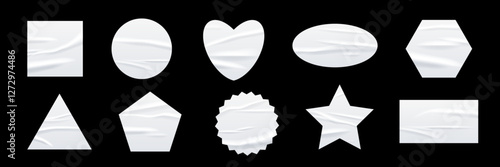 Crumpled white paper stickers. Wrinkled glued labels different shapes and forms. Realistic round, circle, square, rectangle, heart, triangle, star mockups. Vector illustrations set isolated on black.