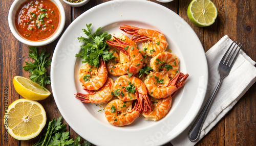 Delicious shrimp dish garnished with herbs and citrus sides