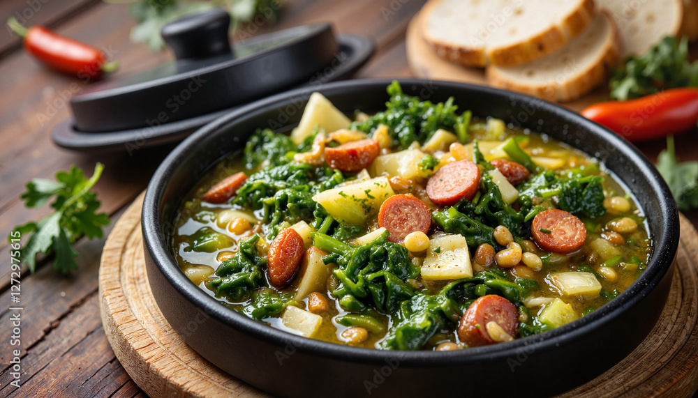 Delicious vegetable soup with sausage in a rustic setting Delicious vegetable soup with sausage in a rustic setting