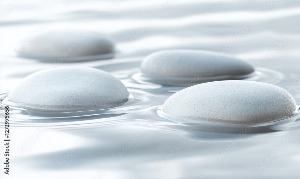 Smooth white stones floating on tranquil water surface with gentle ripples Smooth white stones floating on tranquil water surface with gentle ripples