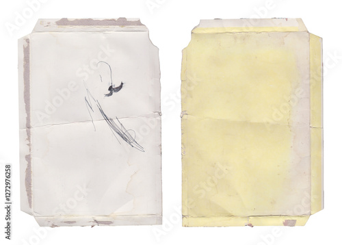 Old envelopes with faded sketches and yellowed paper revealing past correspondences photo