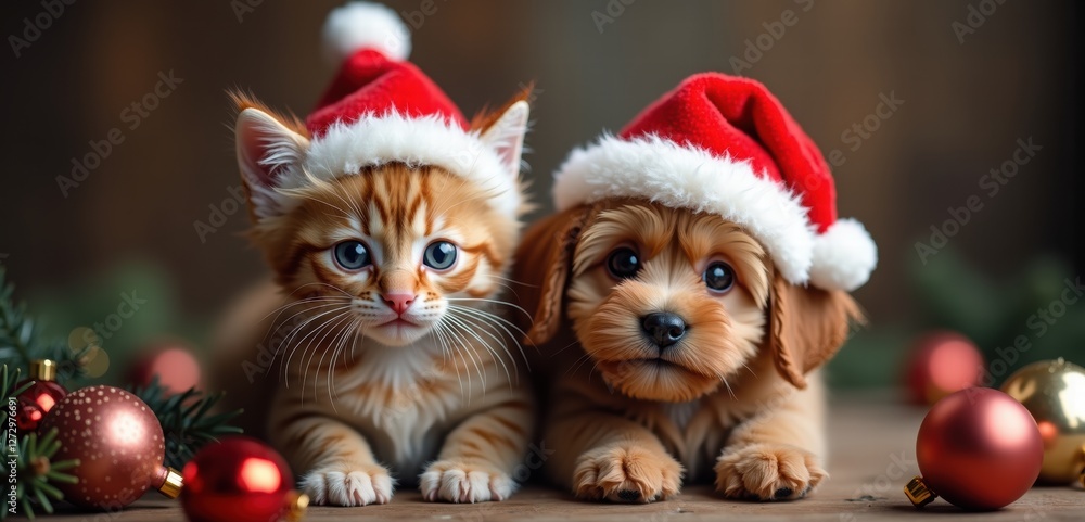 Cute kitten and puppy in festive Santa hats, perfect for holiday-themed content, pet promotions, or Christmas marketing materials. Cute kitten and puppy in festive Santa hats, perfect for holiday-themed content, pet promotions, or Christmas marketing materials.