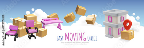 Easy moving office service, 3D vector cardboard boxes stack, location pointer sign, chairs and table, delivery furniture