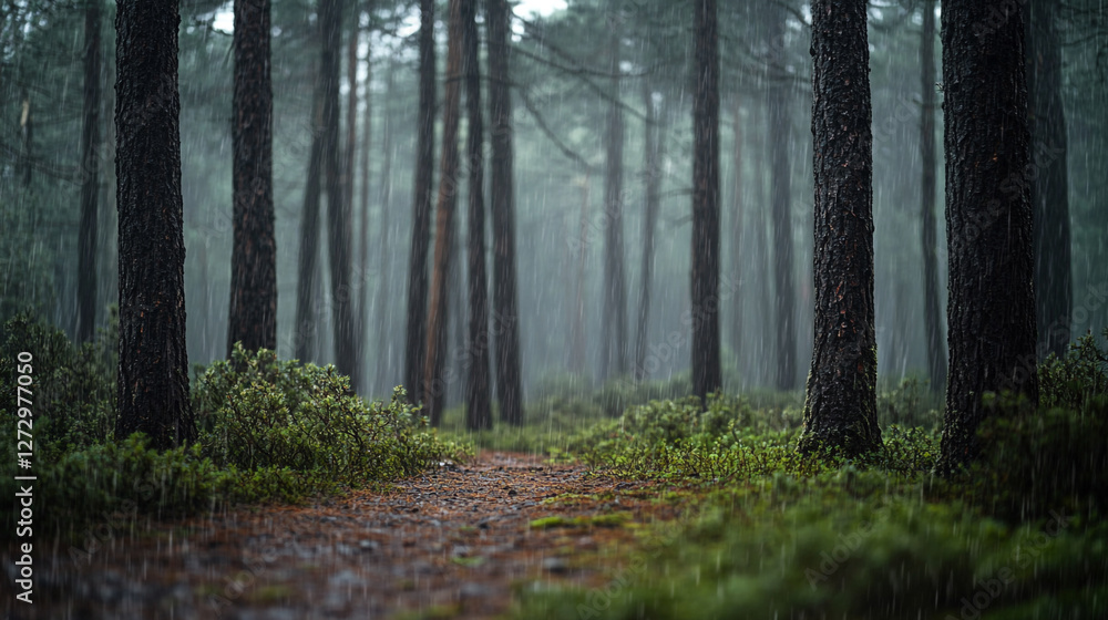 Obraz premium Whispering pines in a tranquil rainforest during a gentle autumn rain