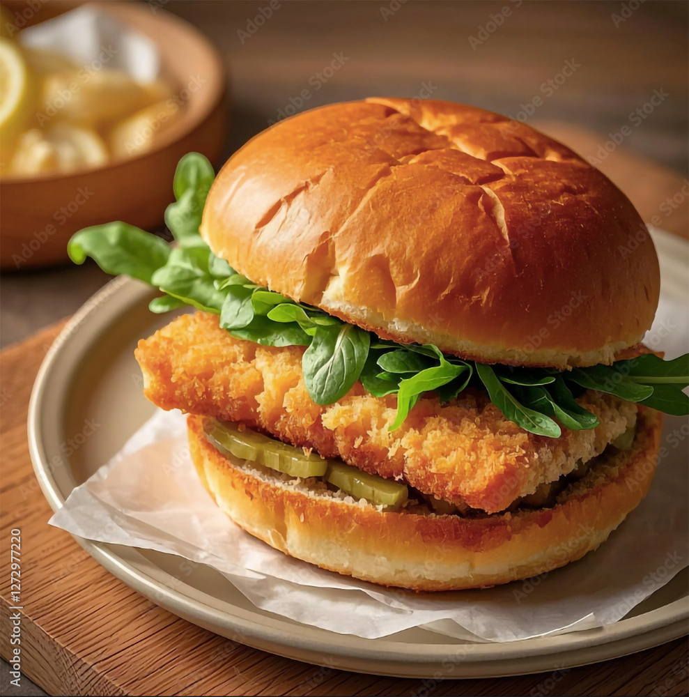 Crispy Fish Sandwich with Fresh Greens and Pickles Crispy Fish Sandwich with Fresh Greens and Pickles