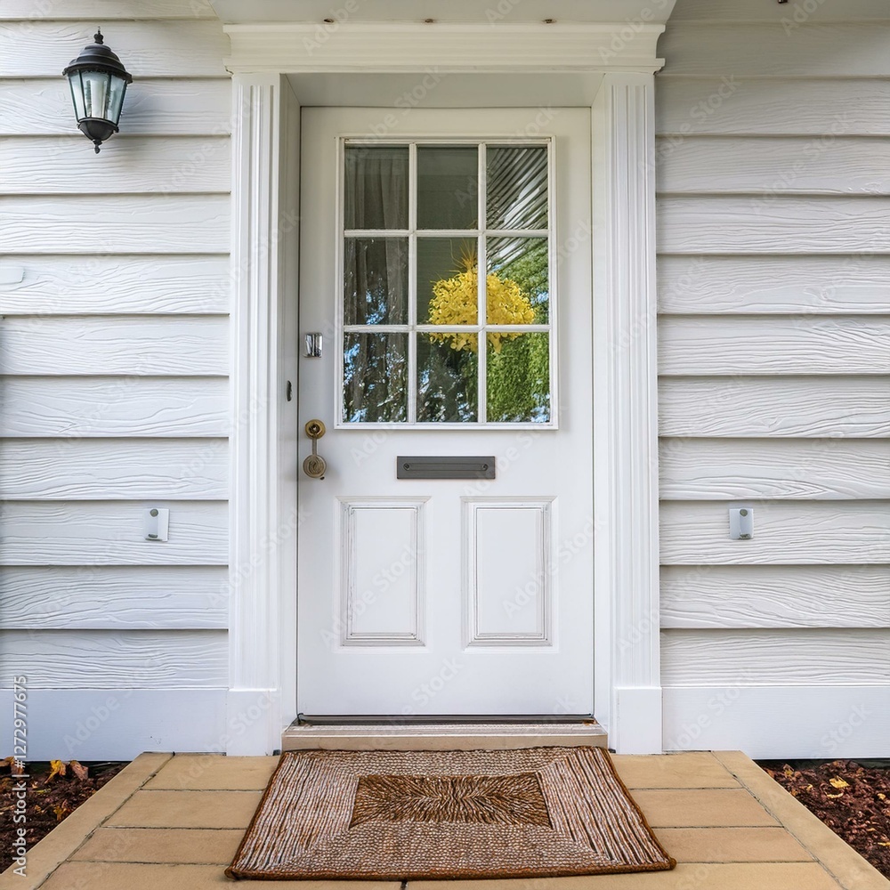 Fototapeta premium White front door of white house with mat