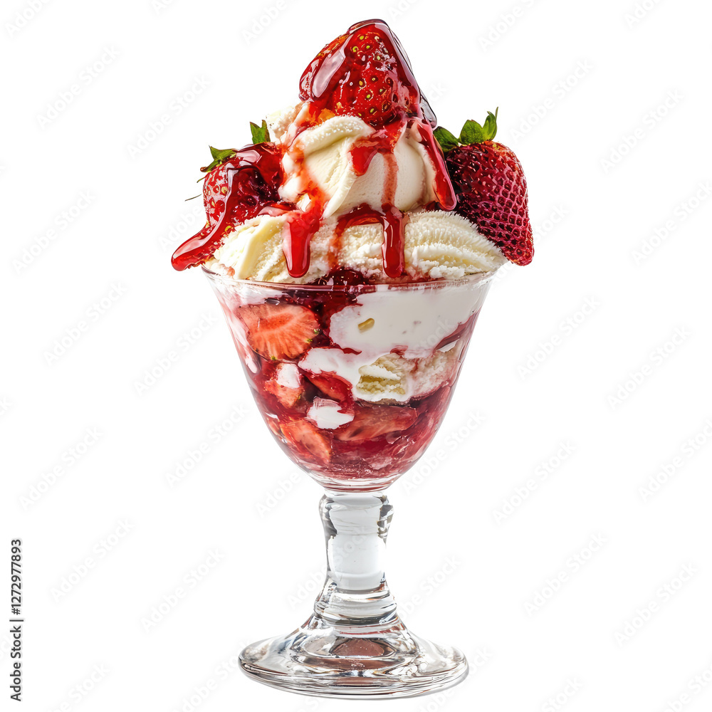 Strawberry ice cream dessert sundae glass isolated on white transparent background