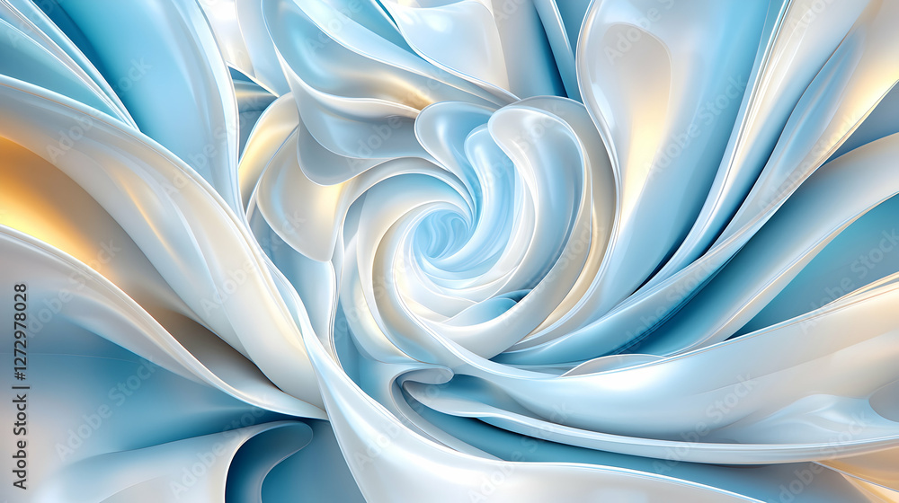Fototapeta premium Elegant swirling waves of blue and white silk fabric create a luxurious abstract background with soft golden light.