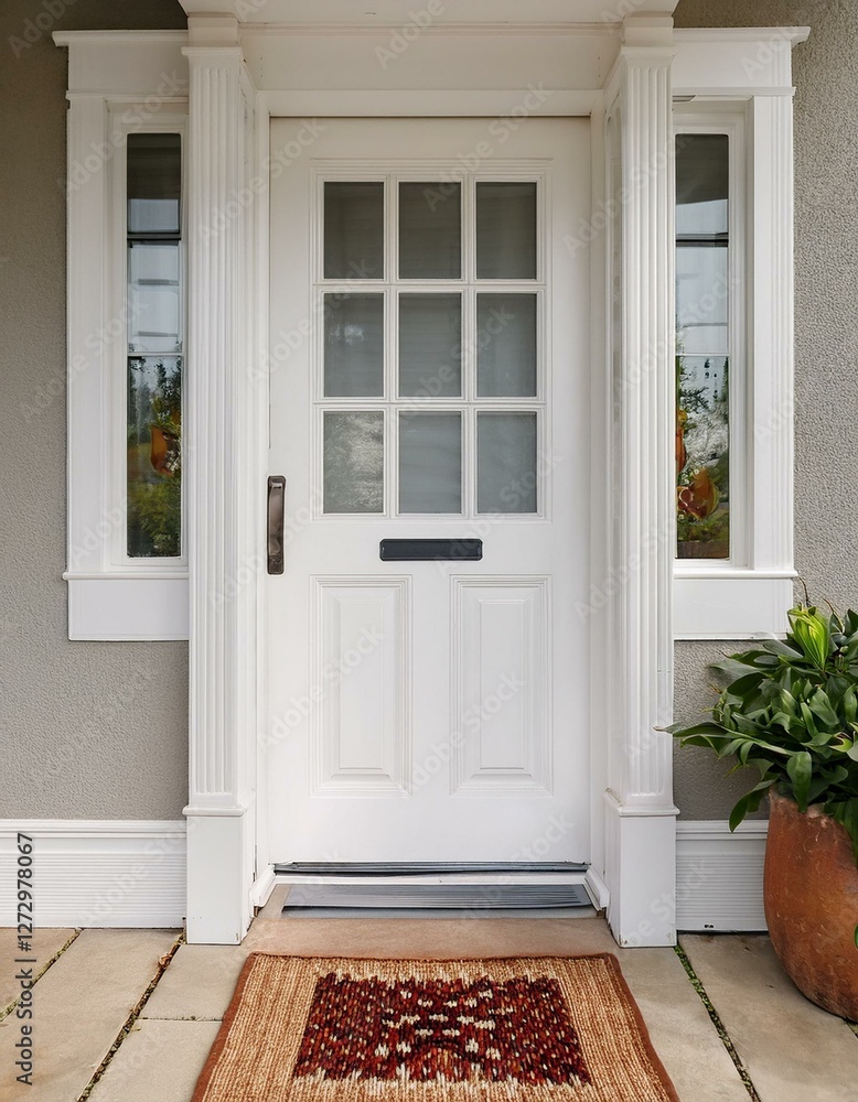 White front door of white house with mat White front door of white house with mat