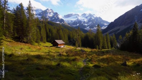 Tranquil Mountain Forest Landscape with Evergreen Trees, Misty Valleys, and a Flowing River