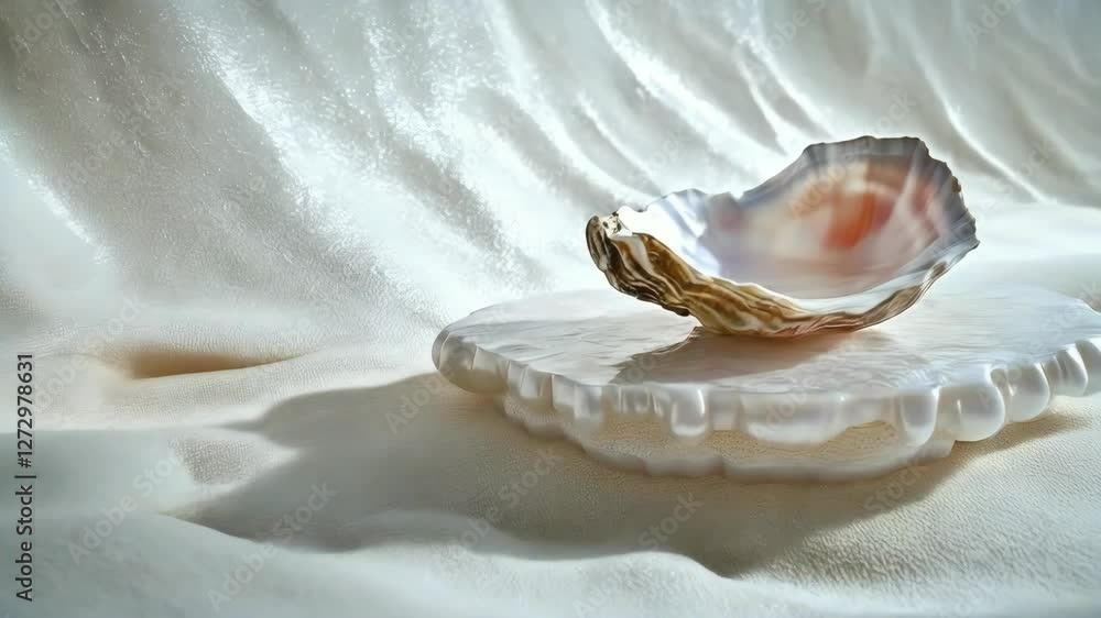 A pearl platform and podium with a pink oyster shell placed on white sand, reflecting the sparkle of water on the ocean floor A pearl platform and podium with a pink oyster shell placed on white sand, reflecting the sparkle of water on the ocean floor