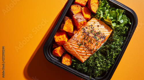 Athlete's meal prep lunch box with salmon, sweet potatoes, and leafy greens, set against an energetic orange backdrop photo