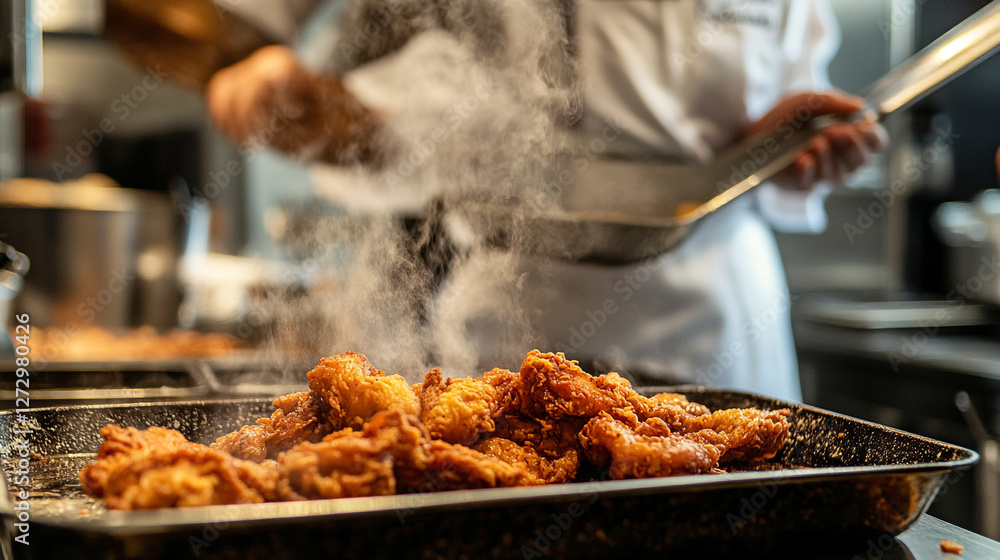 Chef Preparing Crispy Fried Chicken in Restaurant Kitchen Chef Preparing Crispy Fried Chicken in Restaurant Kitchen