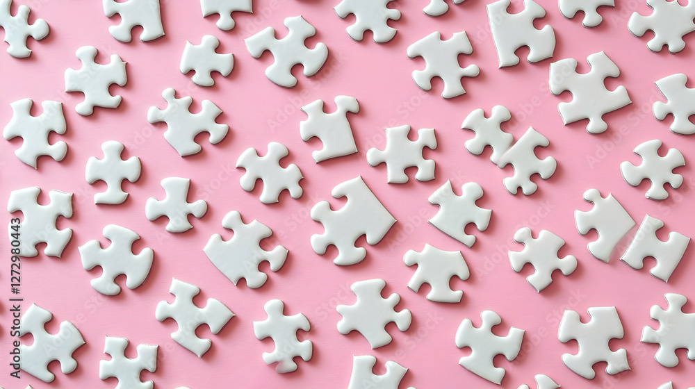 White puzzle pieces on pink background. Teamwork concept White puzzle pieces on pink background. Teamwork concept
